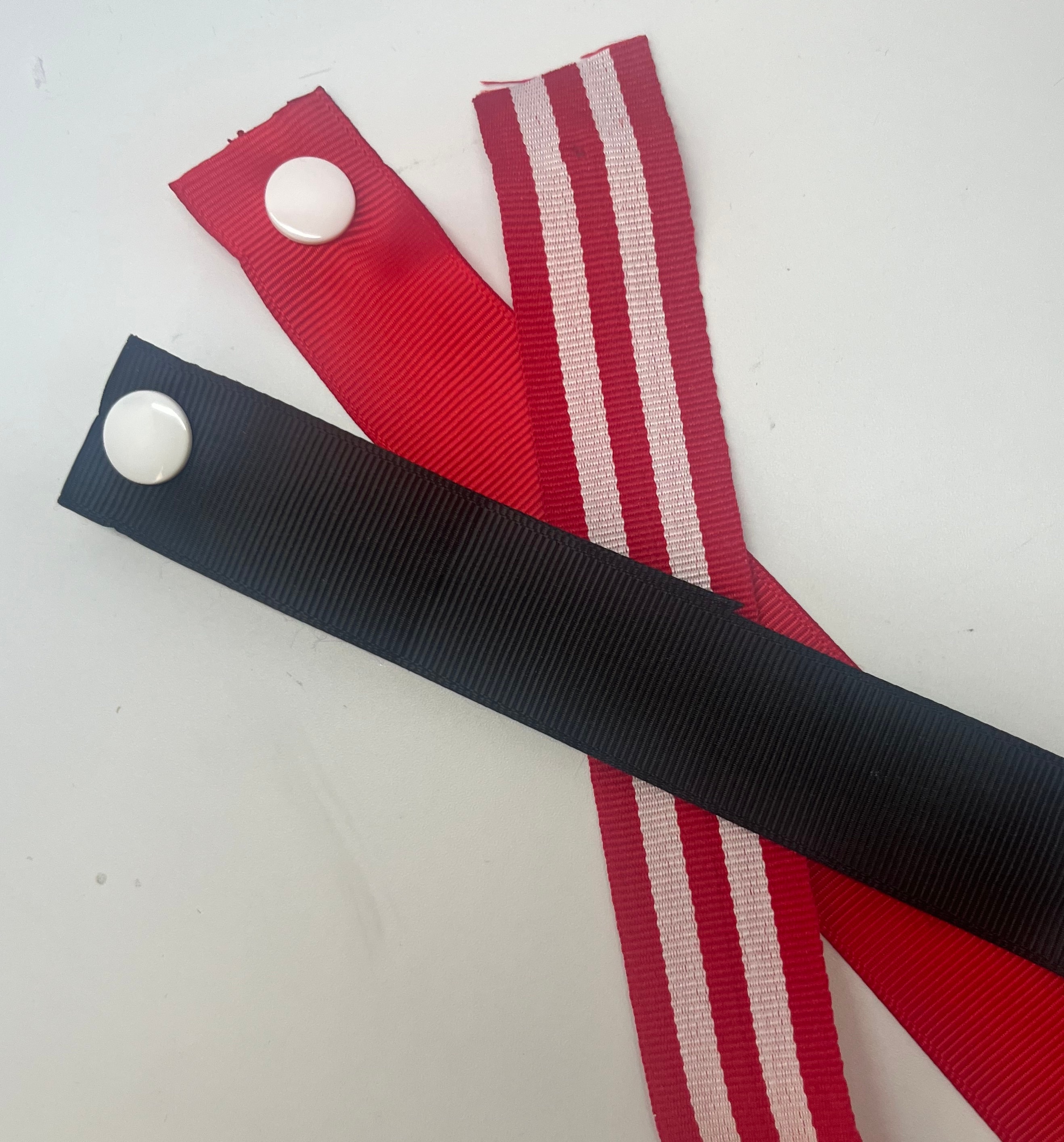 December Celebrations snap-on ribbon extensions — Red & White Stripe, Solid Red, Solid Black